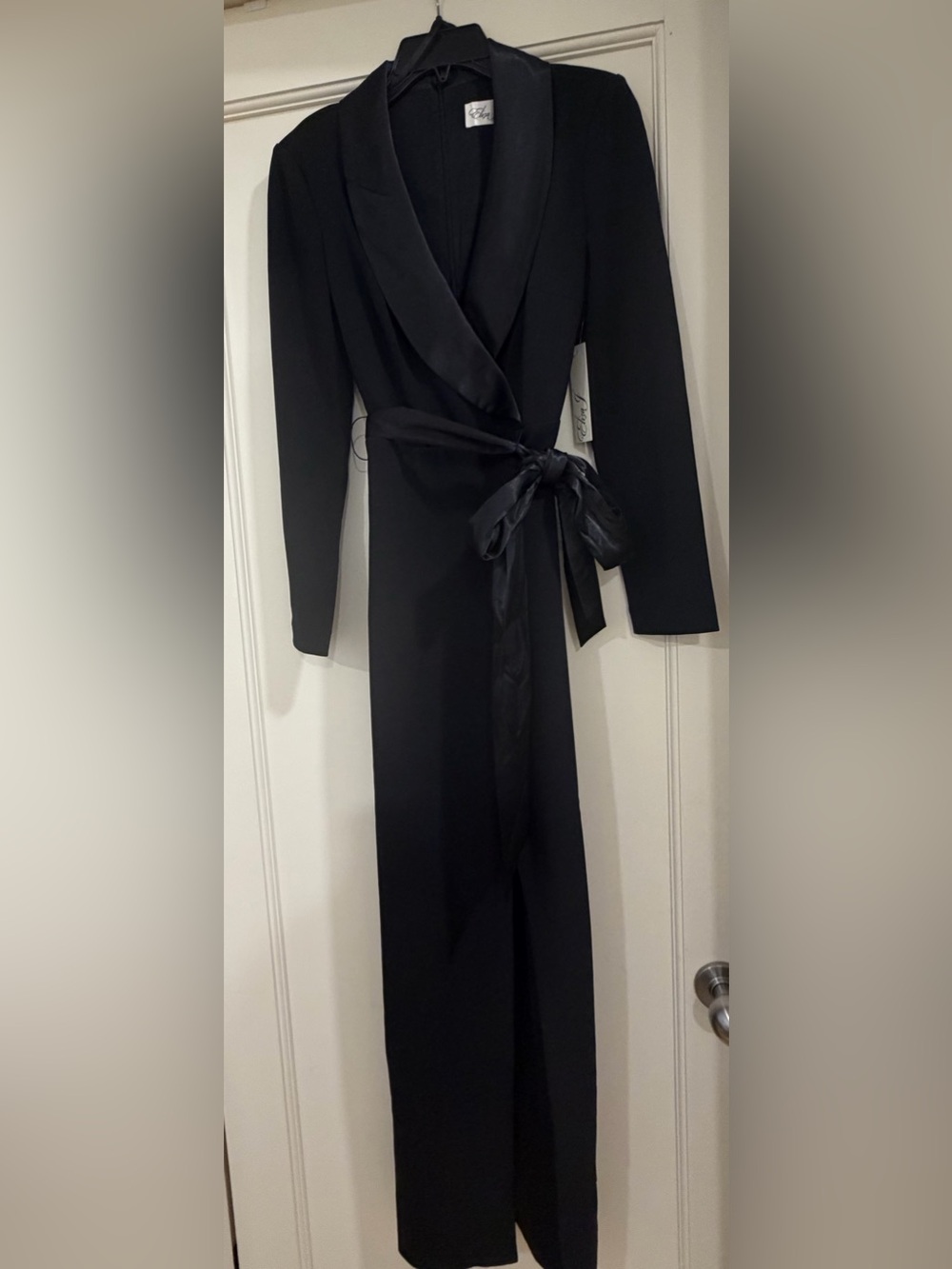 Black Satin-Trim Wrap Tuxedo Gown